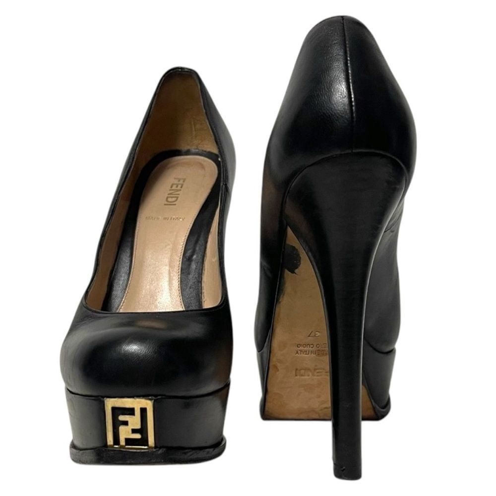 FENDI Fendista Leather Gold Logo Platform Heels 37 - Picture 4 of 16